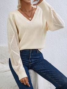 SHEIN Clasi 素色網眼針織插肩袖套頭毛衣 - 米色 - 查看 5