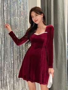 DAZY 甜心领泡泡袖丝绒连衣裙舞会礼服，秋季红色女装圣诞节优雅女装 - 紅色 - 查看 3