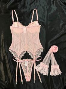Floral Lace Underwire Garter Lingerie Set With 1pair Stocking - Baby Pink - View 2