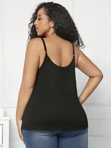 SHEIN CURVE+ 大碼前拉鍊素色吊帶上衣 - 黑色 - 查看 3