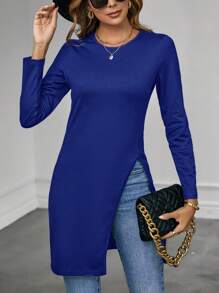 SHEIN Clasi Camiseta unicolor bajo con abertura - Azul - Ver 1