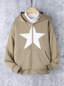 SHEIN 少女星形印花拉链落肩卫衣（不含T恤） - 卡其色 - 查看 5