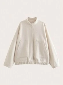 Solid Stand Collar Drop Shoulder Jacket - Beige - View 1