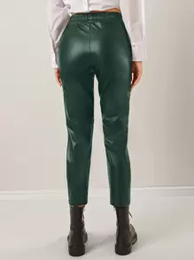 EURMUSE Solid Elastic Waist PU Leather Pants - Dark Green - View 2