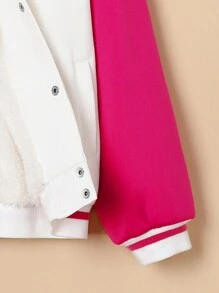 SHEIN 女大童花和標語圖案落肩袖撞色學院風夾克 - 玫紅色 - 查看 6