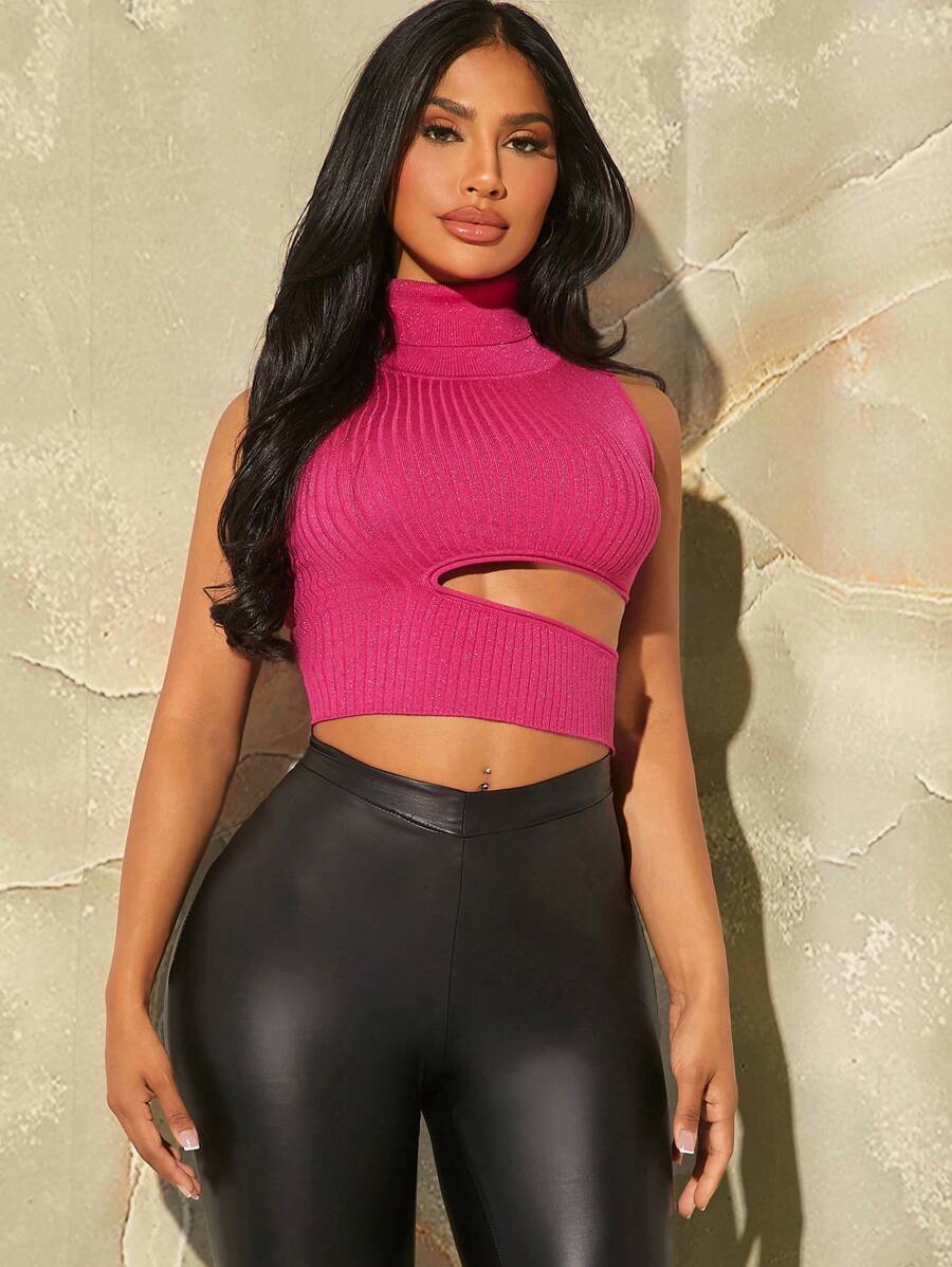 SHEIN SXY Cắt ra Áo đan Crop - Màu Hồng Tươi - Xem 1