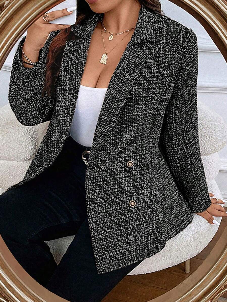 SHEIN Franclia Plus Plaid Pattern Double Breasted Tweed Blazer - Black - View 1