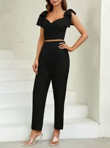 SHEIN Privé Jednolity Zawiązywane na ramionach Crop top i spodnie