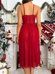 Contrast Lace Mesh Cami Nightdress - Burgundy - View 2