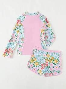 2pcs Teen Girls Floral Print Swimwear Set, Casual Party Beach Holiday, Spring/Summer, Valentine Heart-Shaped Pink/Magenta Color, Gift Kids Swimming ,Kids Beachwear - Multicolor - View 2