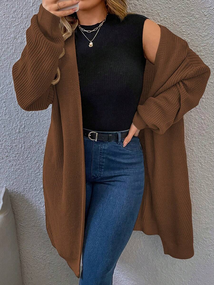 Flirla Plus Size Women Mocha Brown Knitted Cardigan Sweater, Solid Color Off Shoulder Long Sleeve Regular Loose Fit Everyday Wear, Autumn/Winter - Mocha Brown - View 1