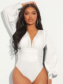 SHEIN SXY Body de cuello profundo de manga farol fruncido - Blanco - Ver 3