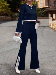 SHEIN LUNE Contrast Trim Drop Shoulder Sweater & Split Hem Knit Pants - Navy Blue - View 6