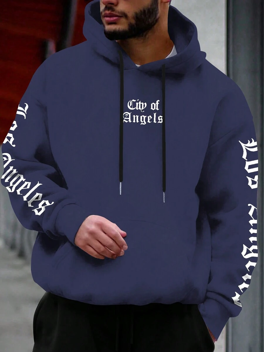 Manfinity Homme Men Letter Graphic Kangaroo Pocket Drawstring Hoodie - Blue - View 1