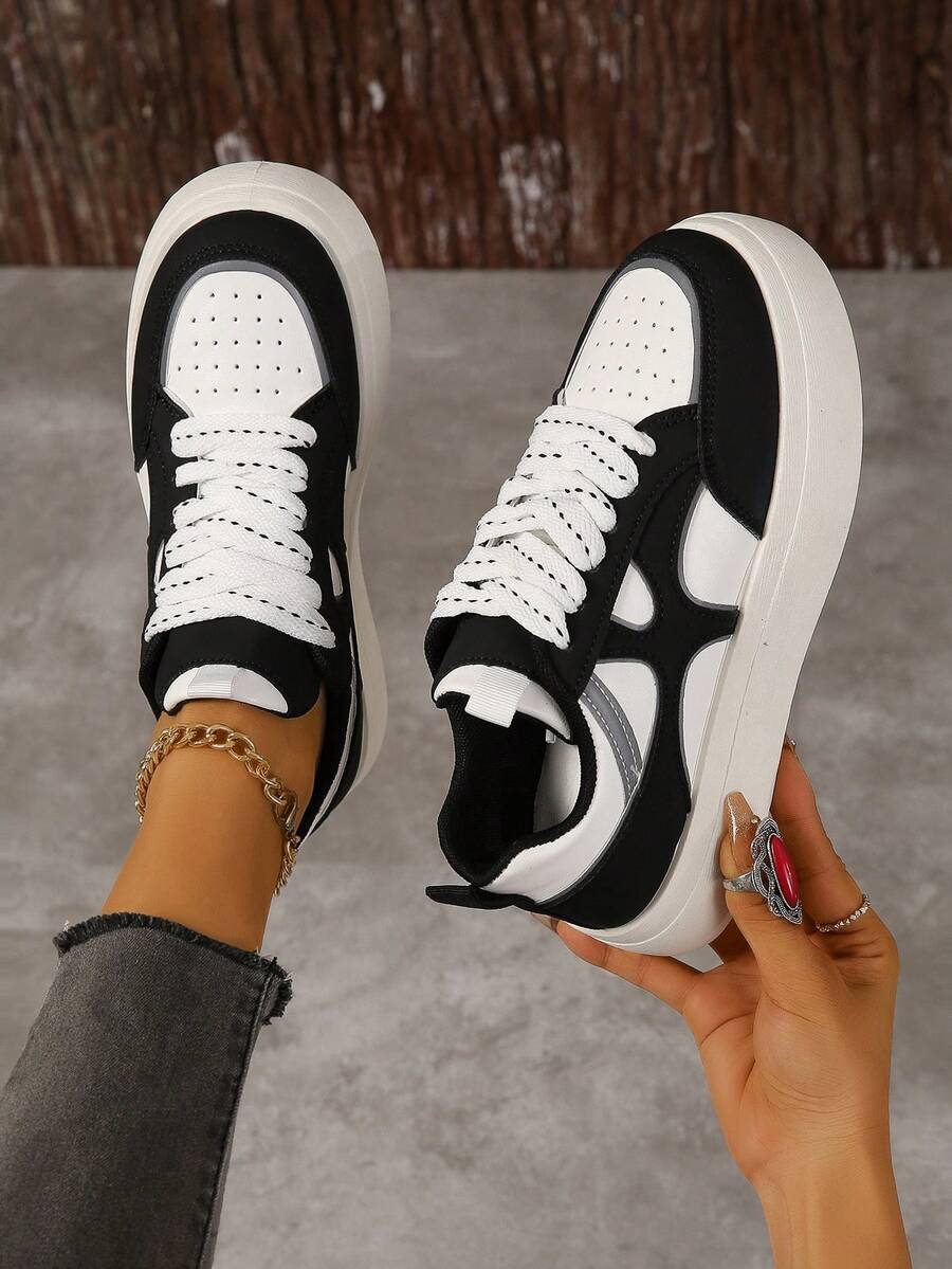 Zapatos Deportivos De Moda Blancos Con Colores Contrastantes - Blanco y Negro - Ver 1