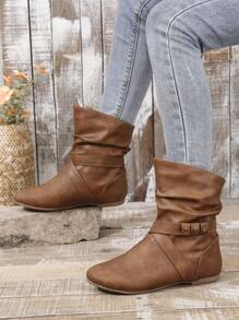 Ladies' Fashionable Brown Ribbon Wrinkle Detail Slip-on Low Cut Flat Boots - Brown - View 2