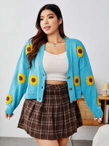 SHEIN EZwear Plus Sunflower Pattern Drop Shoulder Cardigan - Blue - View 5