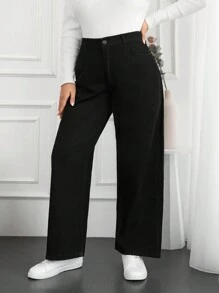 SHEIN Cottnline Plus High Waist Wide Leg Jeans - Black - View 5