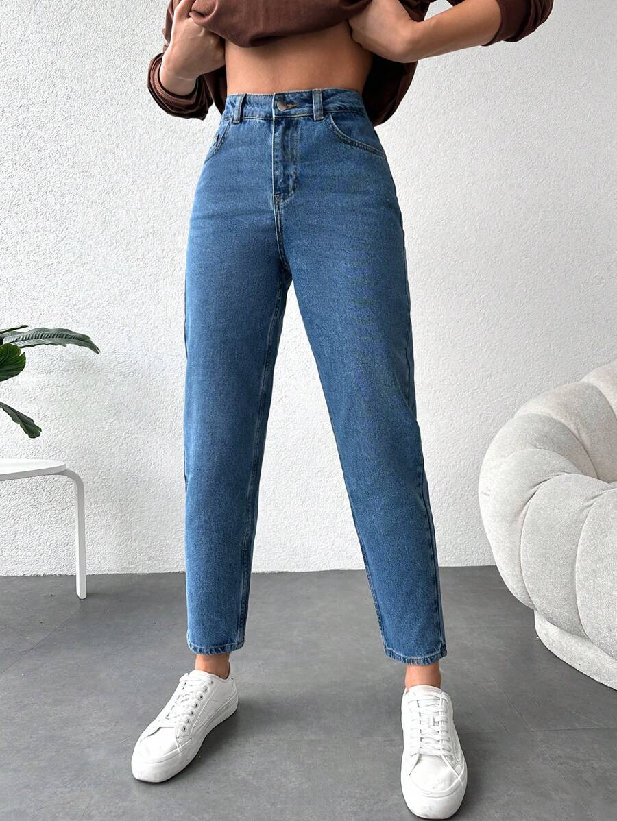 EURMUSE High Waist Mom Fit Jeans - Biru - View 1