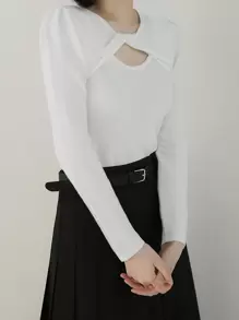 DAZY Unifarben Twist-Ausschnitt Ausschnitt Puffärmel Pullover Herbst - Weiss - Übersicht 9