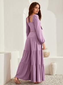 Bohemela Sweetheart Neck Lantern Sleeve Crop Top & Tie Front Ruffle Hem Skirt