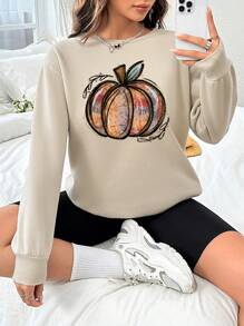 SHEIN EZwear Pumpkin Print Drop Shoulder Sweatshirt - Khaki - View 1