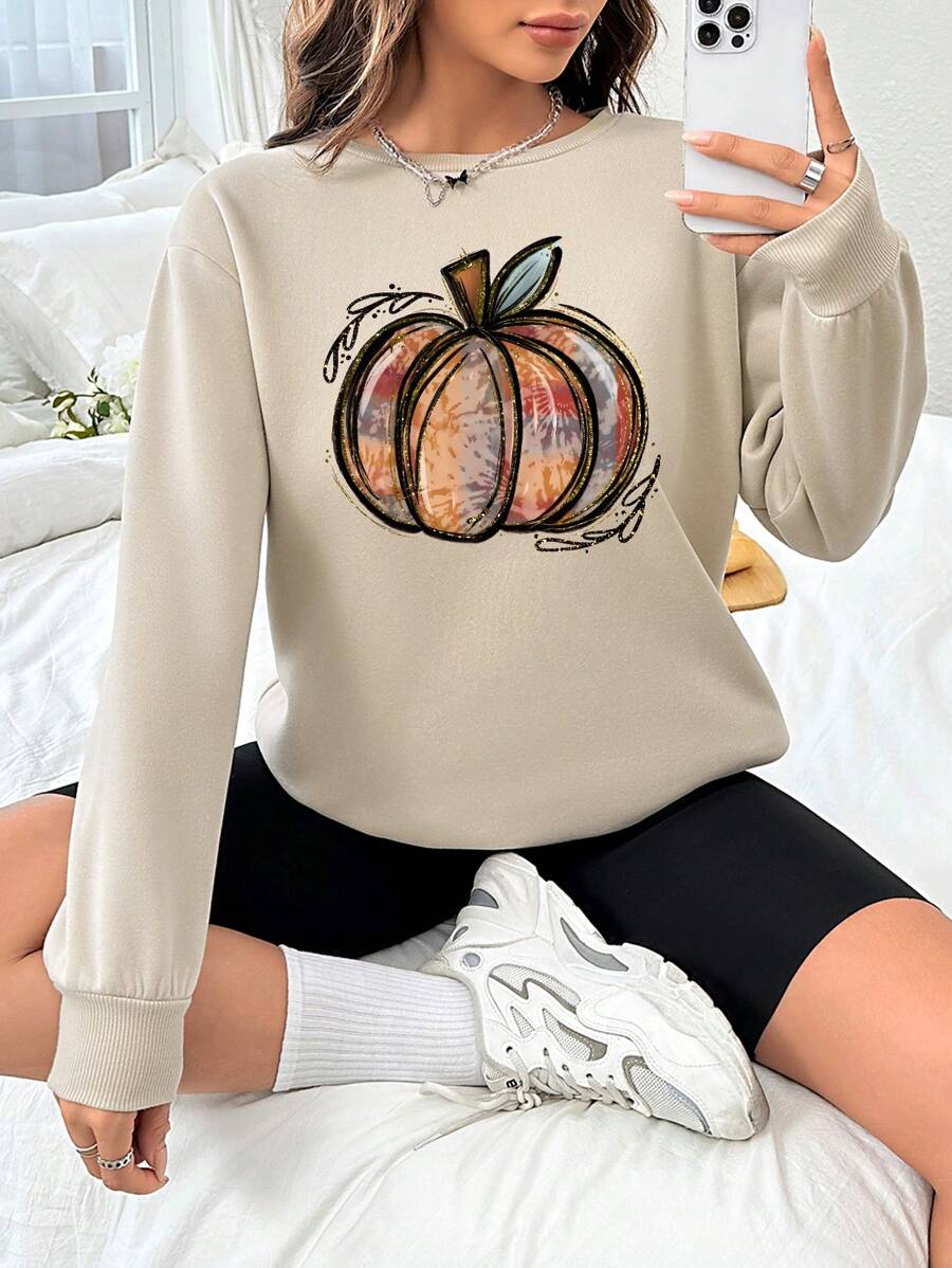 SHEIN EZwear Pumpkin Print Drop Shoulder Sweatshirt - Khaki - View 1