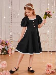 SHEIN Tween Girl 1pc Contrast Lace Puff Sleeve Button Front Dress - Black and White - View 5