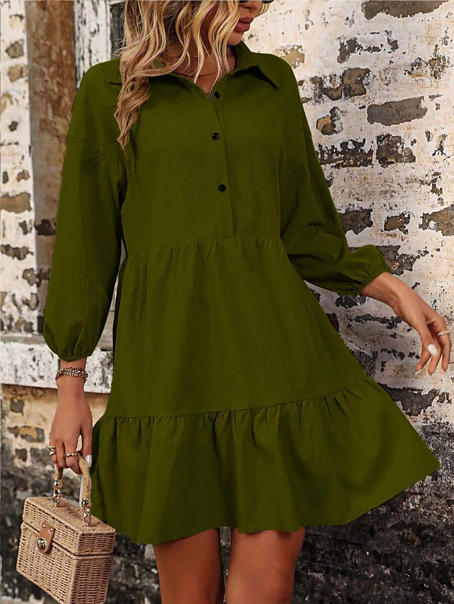 SHEIN VCAY 半排扣荷葉邊娃娃裙 - 軍綠色 - 查看 1