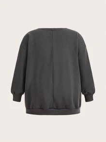 SHEIN CURVE+ Talla grande Sudadera con letra & con estampado de extraterrestre de hombros caídos - Gris - Ver 2