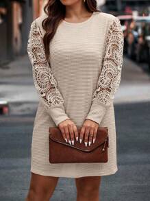 SHEIN Clasi Plus Contrast Lace Waffle Knit Tee Dress - Apricot - View 1