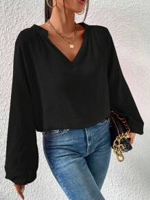 Chiquease 缺口領燈籠袖襯衫 - 黑色 - 查看 3