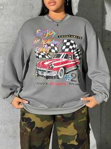 SHEIN EZwear Talla grande Sudadera con estampado de coche y letra de hombros caídos