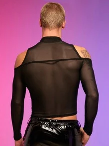 FeverCity 男士挖肩鏤空網紗T恤 - 黑色 - 查看 2