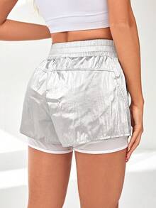 Shorts deportivos unido en contraste de color metálico - Plateado - Ver 4