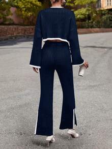 SHEIN LUNE Contrast Trim Drop Shoulder Sweater & Split Hem Knit Pants - Navy Blue - View 4