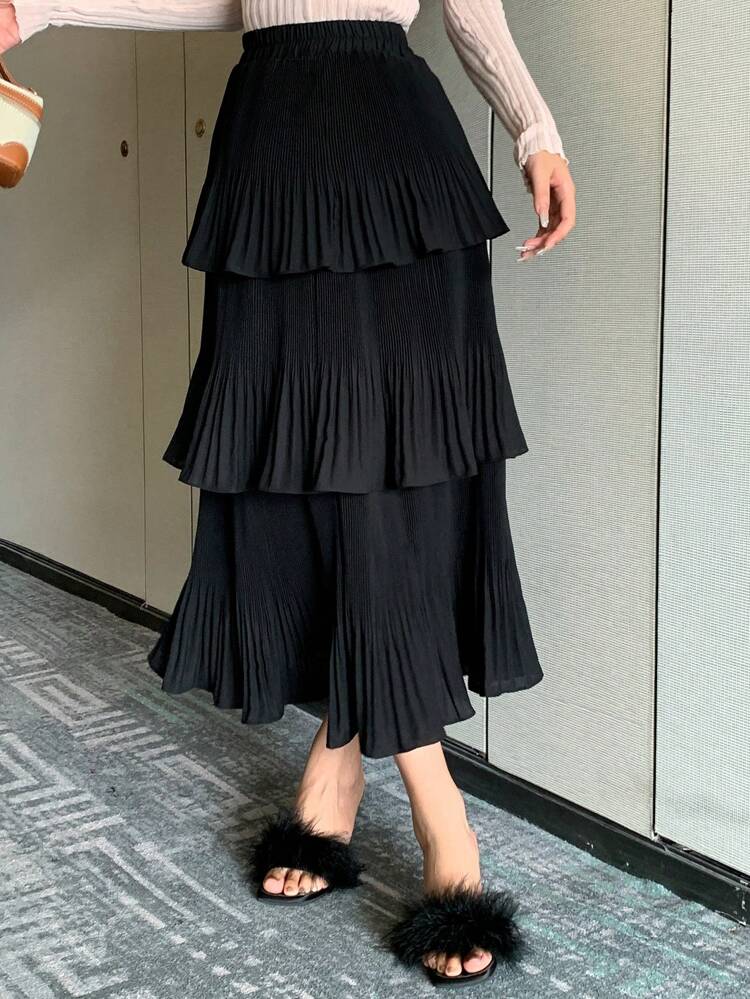 Solid Layer Ruffle Hem Pleated Skirt Fall Skirts