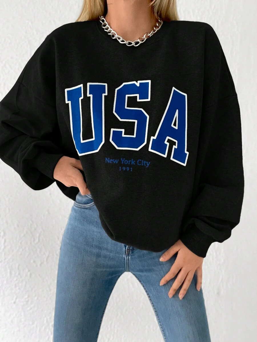 Cloudara Letter Graphic Drop Shoulder Sweatshirt - Black - View 1