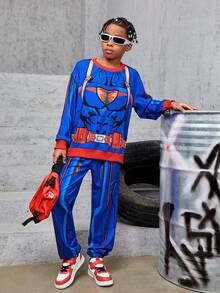 Tween Boy Cartoon Graphic Contrast Trim Drop Shoulder Pullover & Sweatpants - Blue - View 3