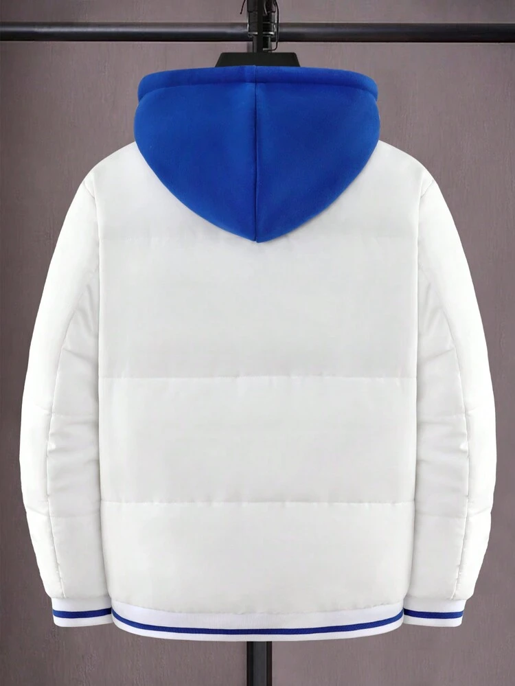 Loose Fit Men's Letter Graphic Hooded Padded Coat With Striped Trim And Drawstring (Without Sweater)