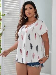 SHEIN LUNE Plus Feather Print Keyhole Neck Dolman Sleeve Blouse For Summer - White - View 4