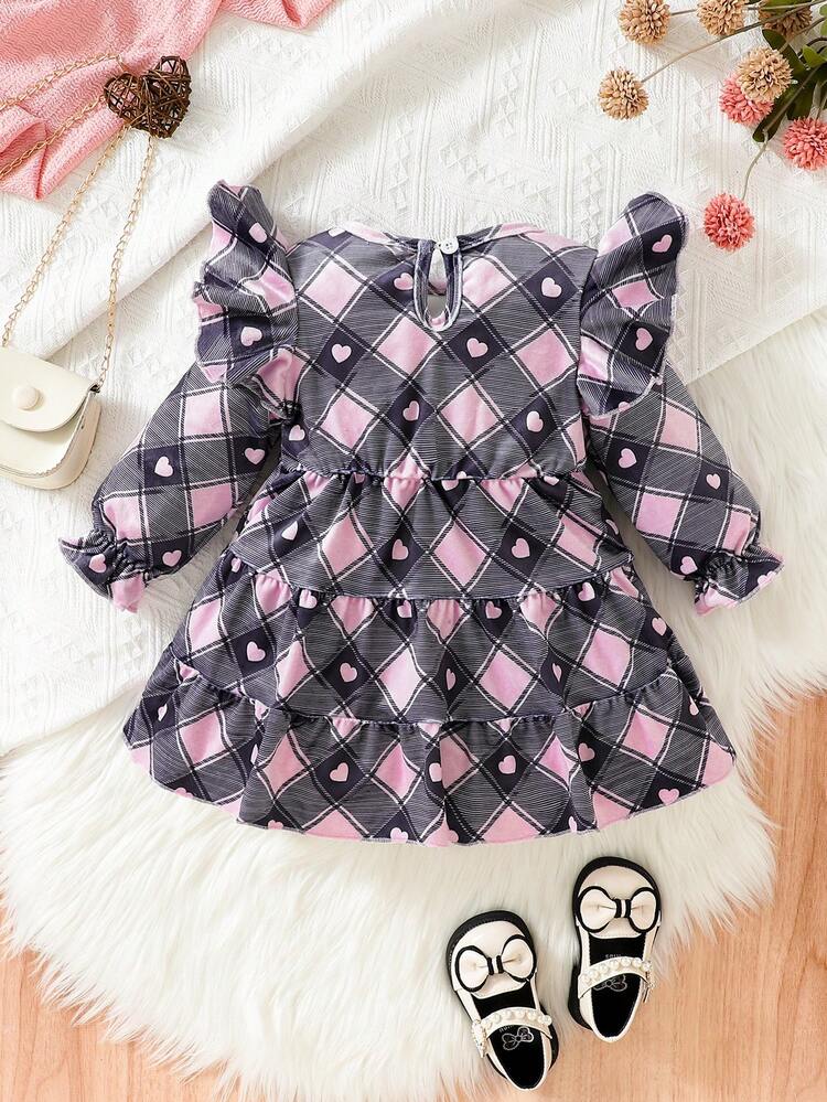 Baby Girl Plaid & Heart Print Ruffle Trim Flounce Sleeve Ruffle Hem Dress