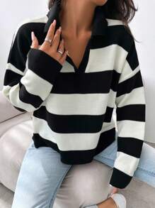EURMUSE Striped Pattern Drop Shoulder Sweater - Black - View 5