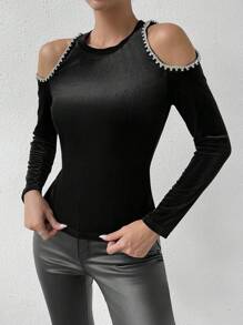 Allurite 挖肩珍珠串珠T恤 - 黑色 - 查看 5