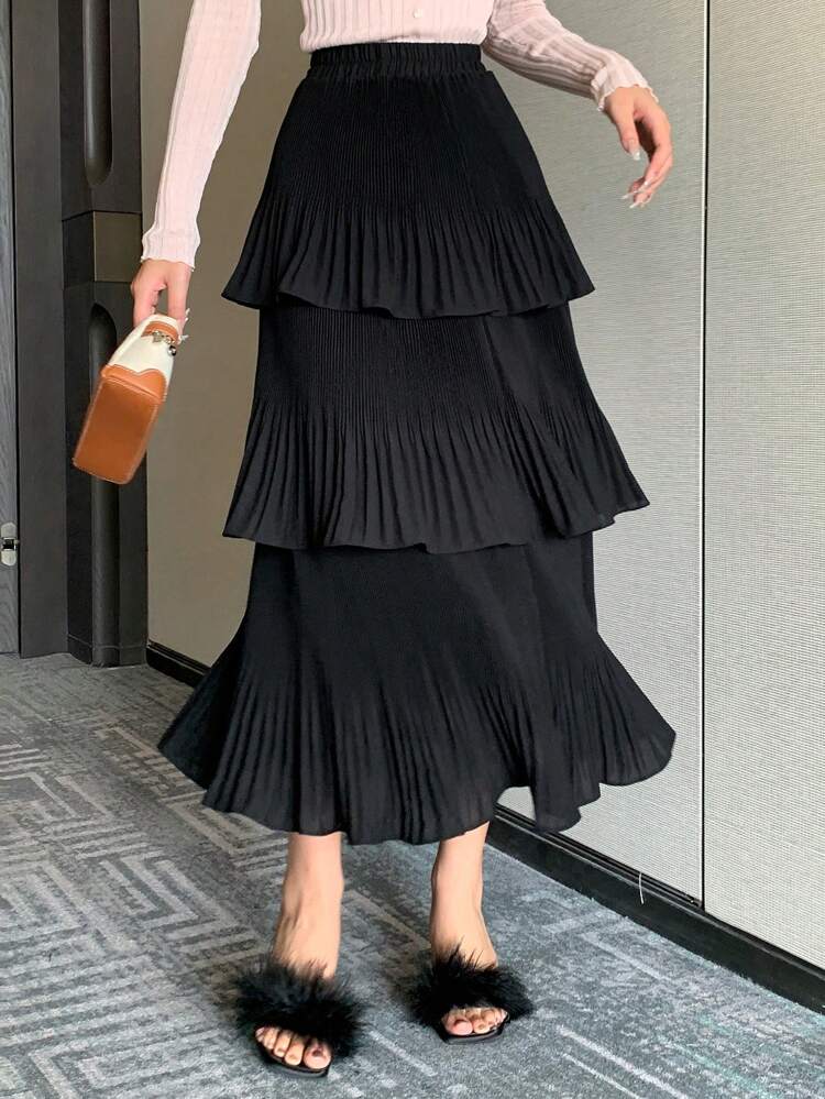 Solid Layer Ruffle Hem Pleated Skirt Fall Skirts