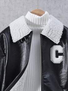 SHEIN Teenager Jungen Mantel aus PU Leder mit Buchstabenaufnäher und Teddyfutter ohne Pullover