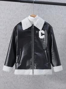 SHEIN Teenager Jungen Mantel aus PU Leder mit Buchstabenaufnäher und Teddyfutter ohne Pullover