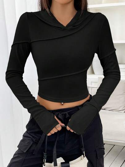 SHEIN EZwear Solid Crop Hooded Sweatshirt,Long Sleeve Tops Graduation,Back To School Outfits,Graduation,Teacher Outfits For Women,Back To School