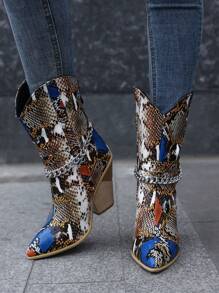 Western Style Snake Print Pointed Toe Boots For Women, Colorful, Wood Grain Patterned Heel With Chain Decoration (pattern Random) - Multicolor - View 3