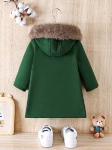 Bebé niño Abrigo ribete lanudo con capucha botón duffle delantero - Verde militar - Ver 2